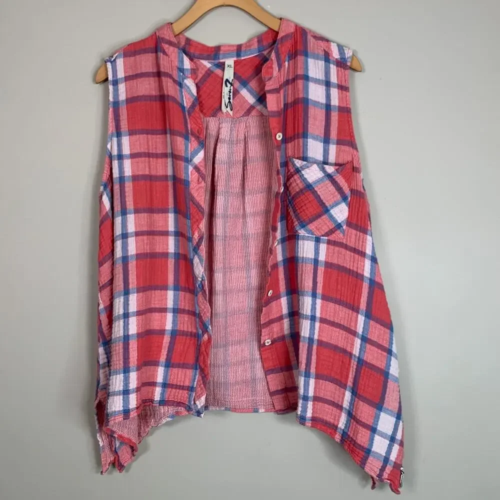 Seven Plaid Sleeveless Lightweight Button Up Shirt Western Women's‎ Size XL